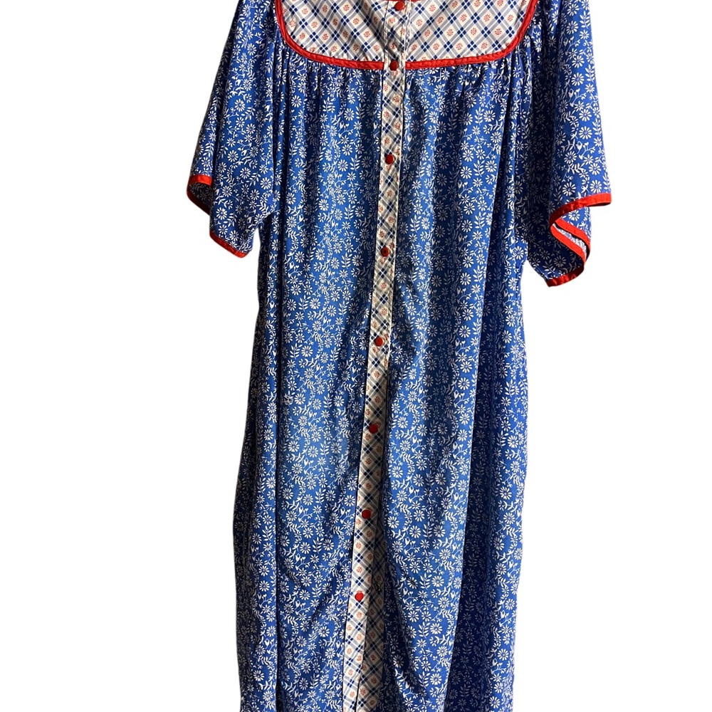 Blue Floral Button-Down Dress with Red Trim